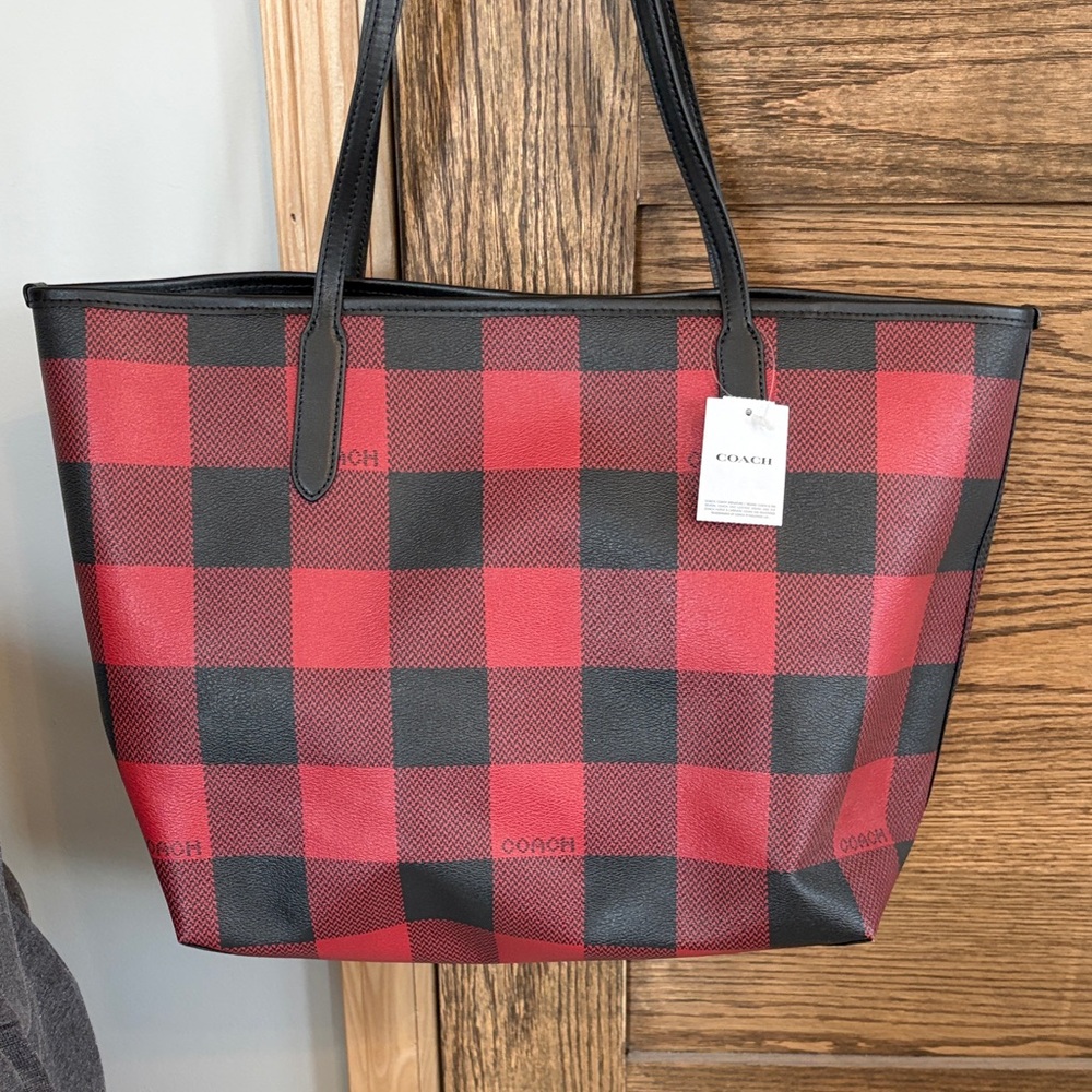 Coach Red and Black Buffalo Plaid Tote with Black Leather Trim - Picture 2 of 9